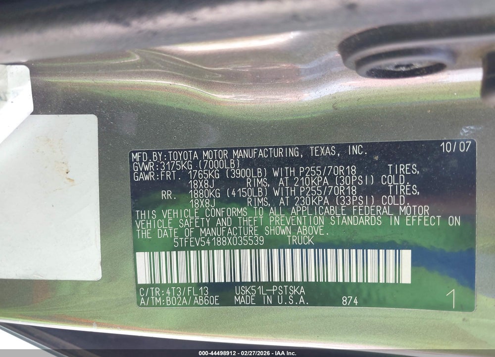 2008 TOYOTA TUNDRA BASE 5.7L V8 VIN: 5TFEV54188X035539