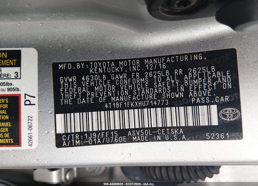 2017 TOYOTA CAMRY SE VIN: 4T1BF1FKXHU714773
