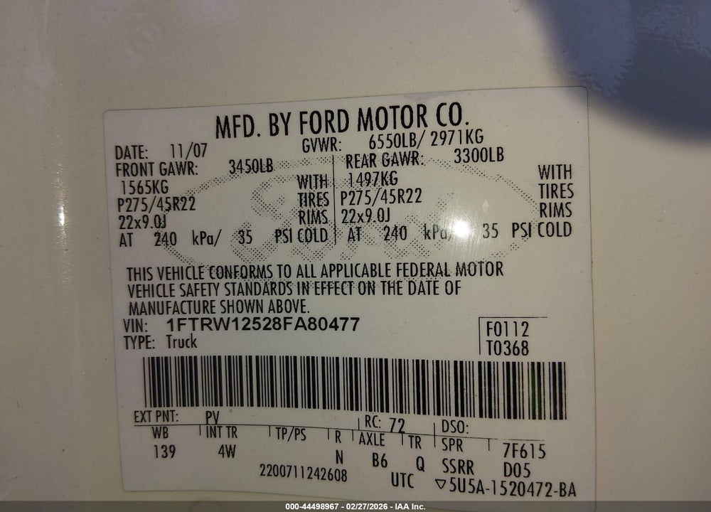 2008 FORD F-150 HARLEY-DAVIDSON/LIMITED VIN: 1FTRW12528FA80477