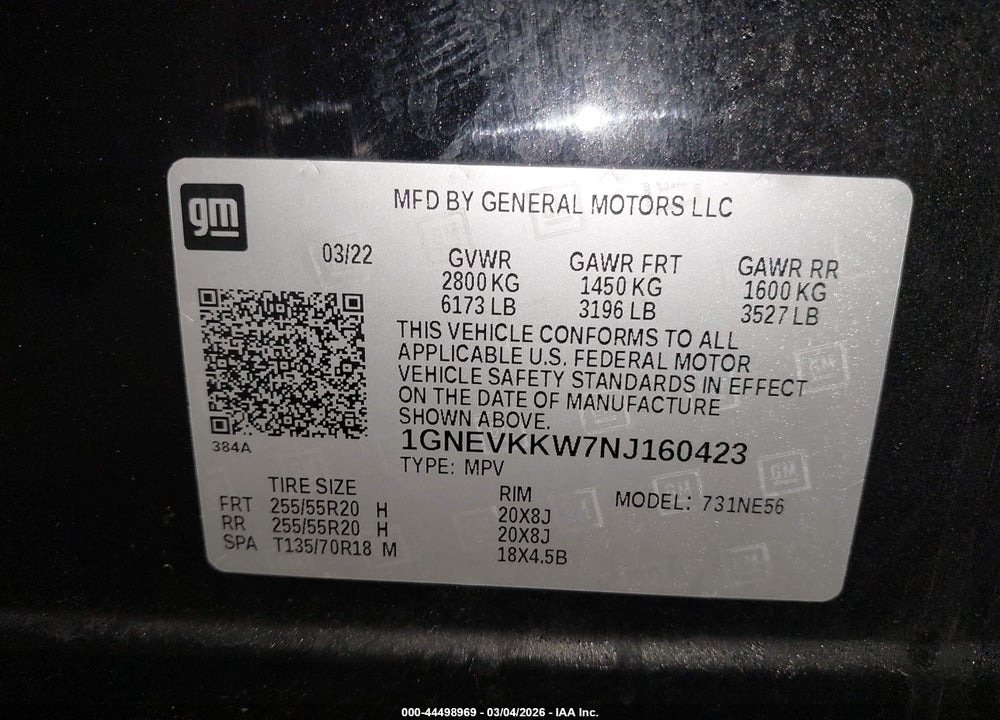 2022 CHEVROLET TRAVERSE AWD PREMIER VIN: 1GNEVKKW7NJ160423