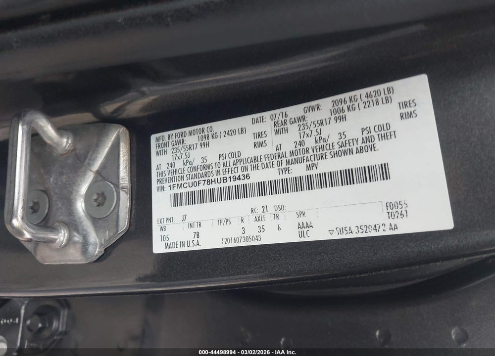 2017 FORD ESCAPE S VIN: 1FMCU0F78HUB19436