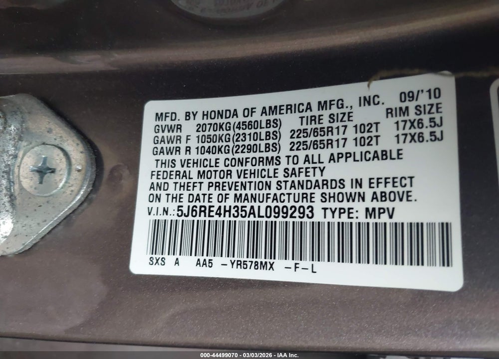 2010 HONDA CR-V LX VIN: 5J6RE4H35AL099293