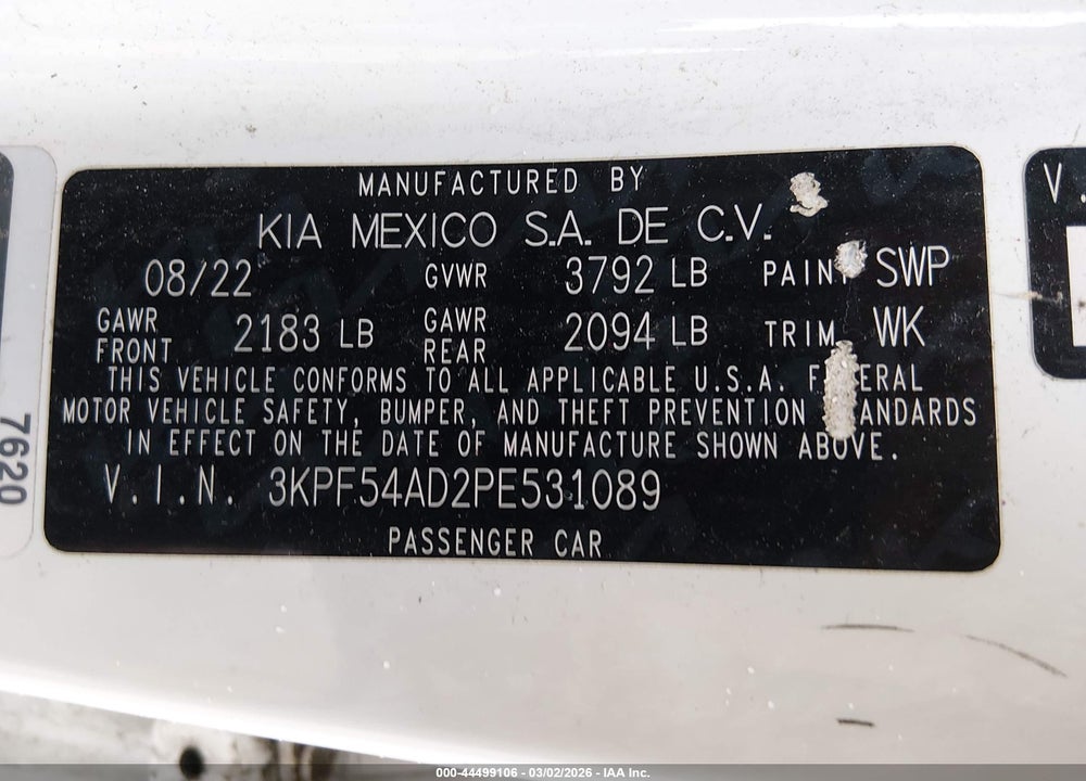 2023 KIA FORTE GT-LINE VIN: 3KPF54AD2PE531089
