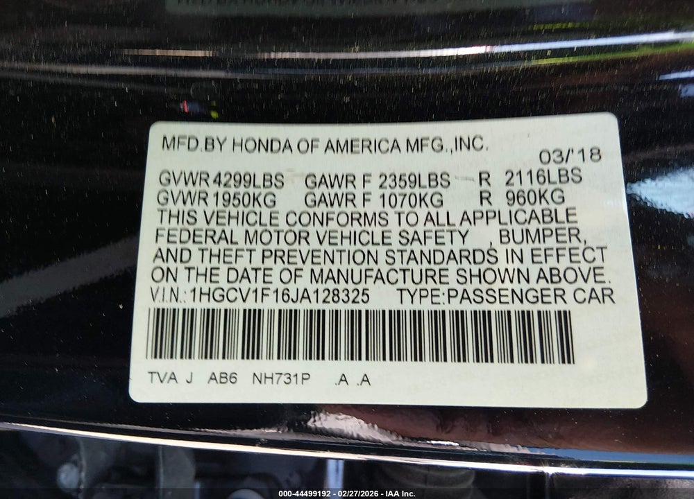 2018 HONDA ACCORD LX VIN: 1HGCV1F16JA128325