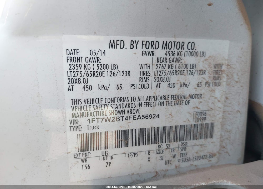 2015 FORD F-250 LARIAT VIN: 1FT7W2BT4FEA56924