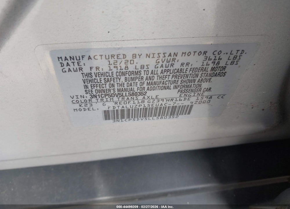 2020 NISSAN KICKS SR XTRONIC CVT VIN: 3N1CP5DV5LL580352