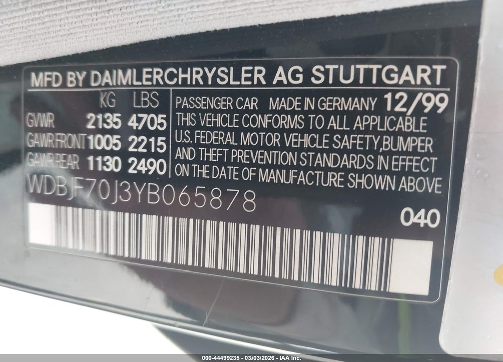 2000 MERCEDES-BENZ E 430 VIN: WDBJF70J3YB065878