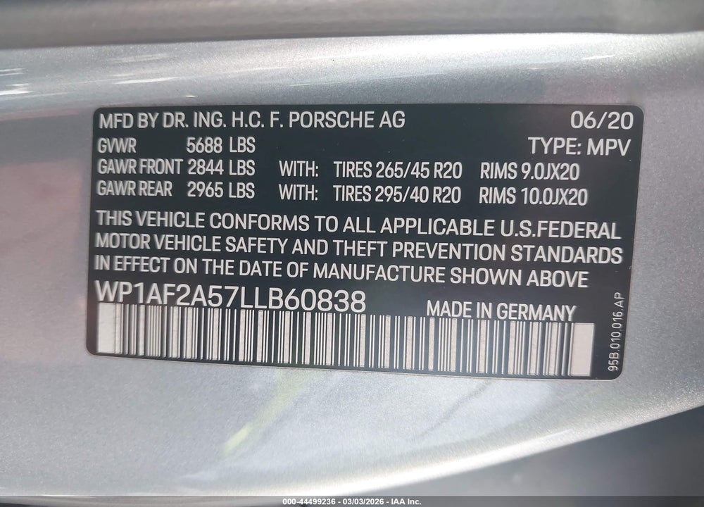 2020 PORSCHE MACAN TURBO VIN: WP1AF2A57LLB60838