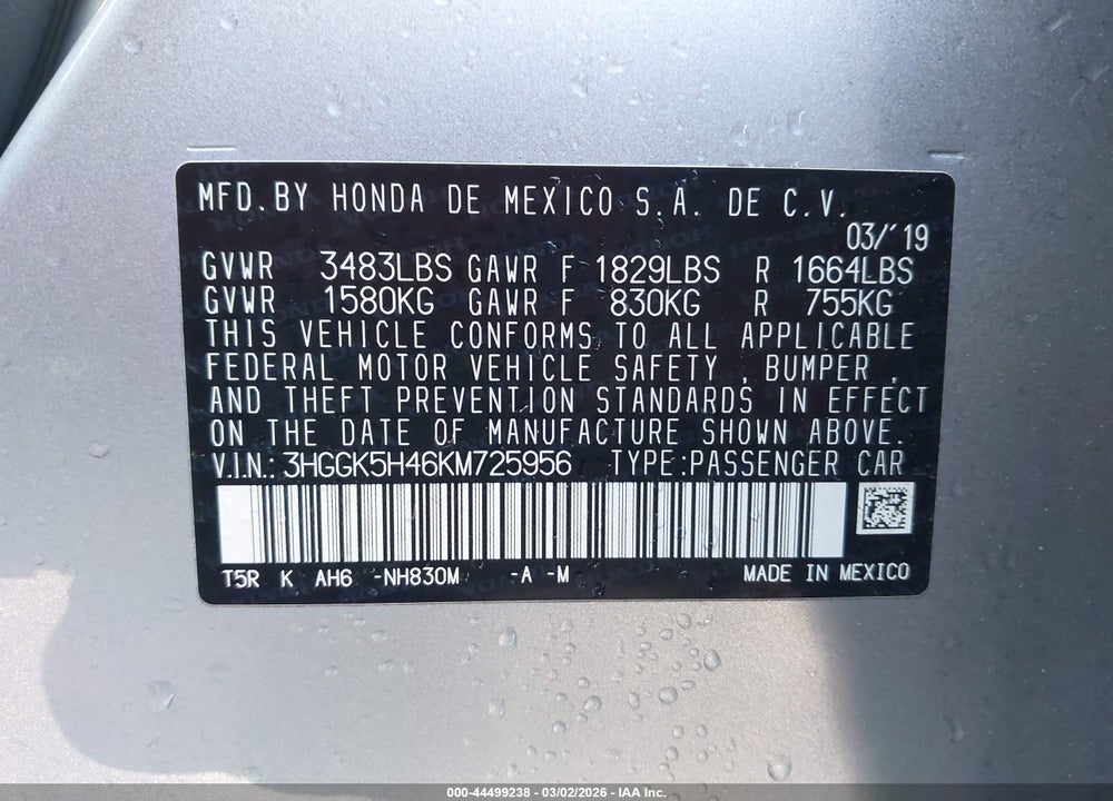 2019 HONDA FIT LX VIN: 3HGGK5H46KM725956