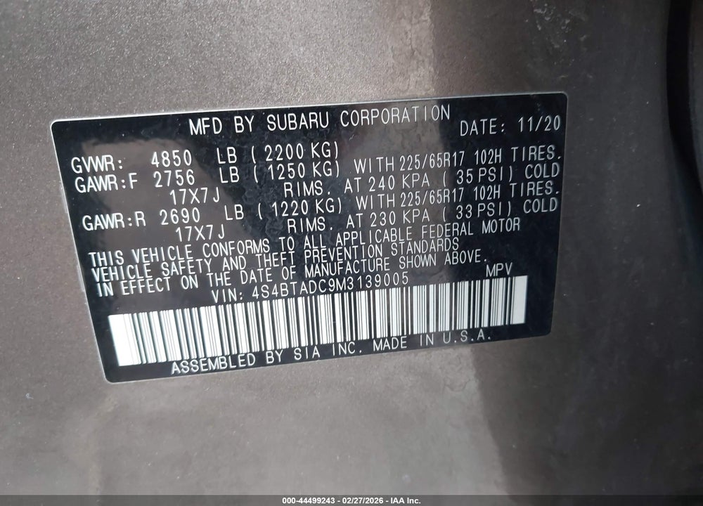 2021 SUBARU OUTBACK PREMIUM VIN: 4S4BTADC9M3139005