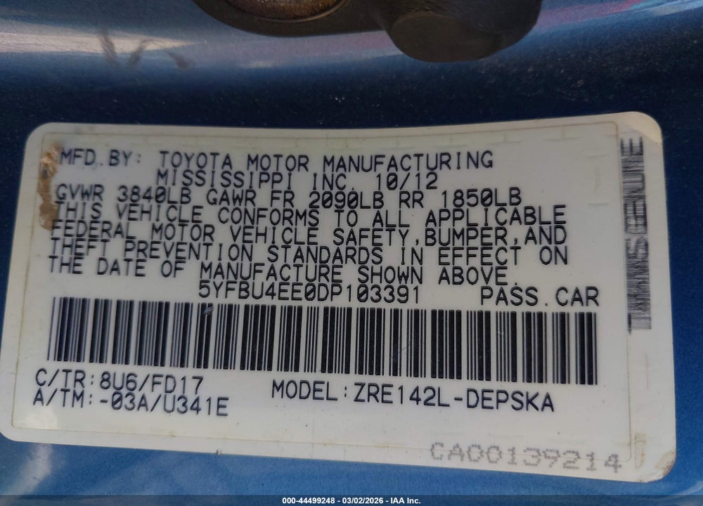 2013 TOYOTA COROLLA S VIN: 5YFBU4EE0DP103391
