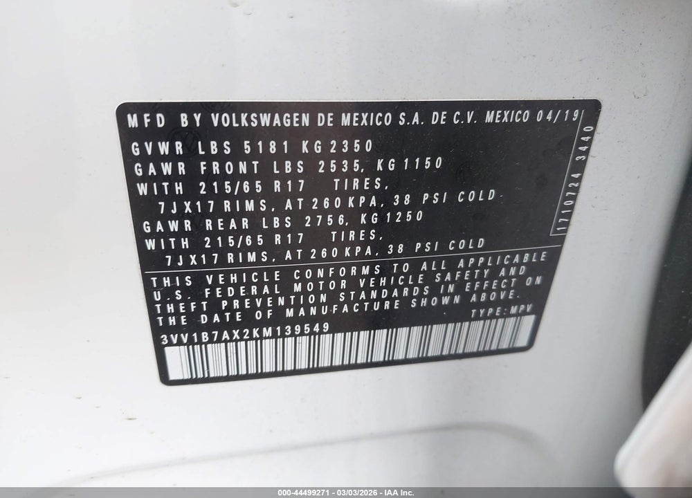 2019 VOLKSWAGEN TIGUAN VIN: 3VV1B7AX2KM139549