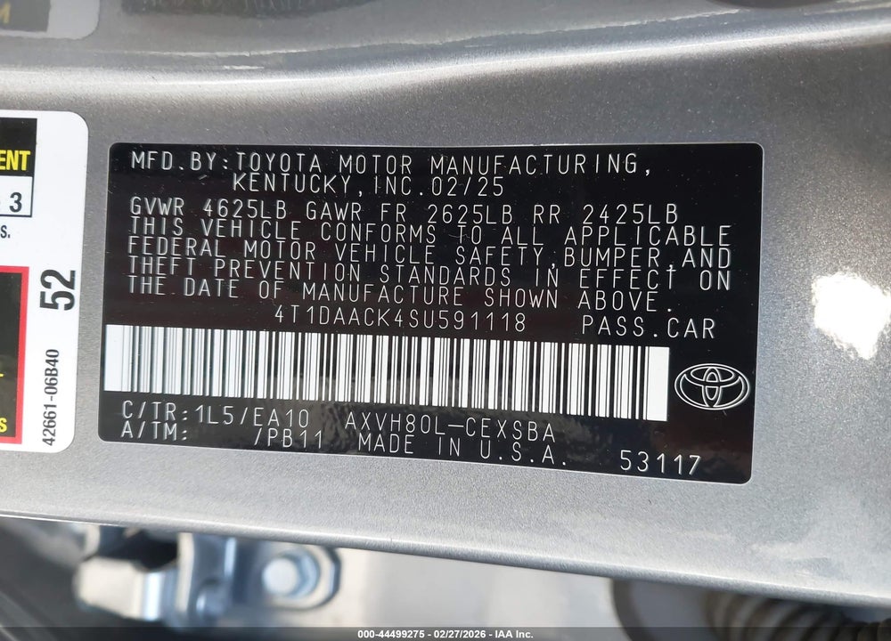 2025 TOYOTA CAMRY SE VIN: 4T1DAACK4SU591118