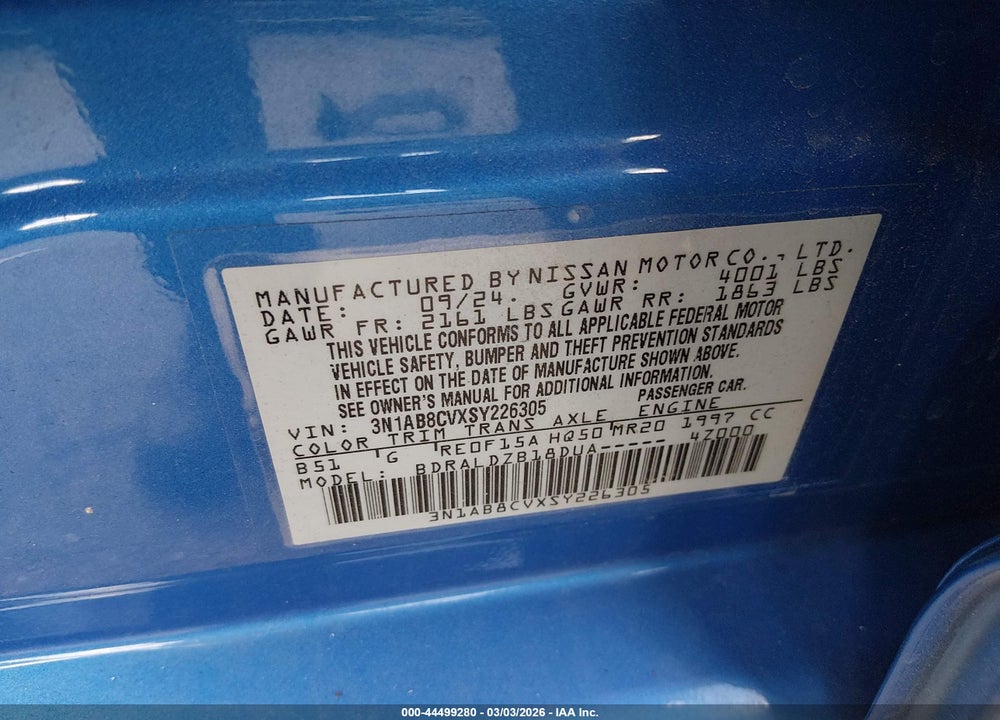 2025 NISSAN SENTRA SV VIN: 3N1AB8CVXSY226305