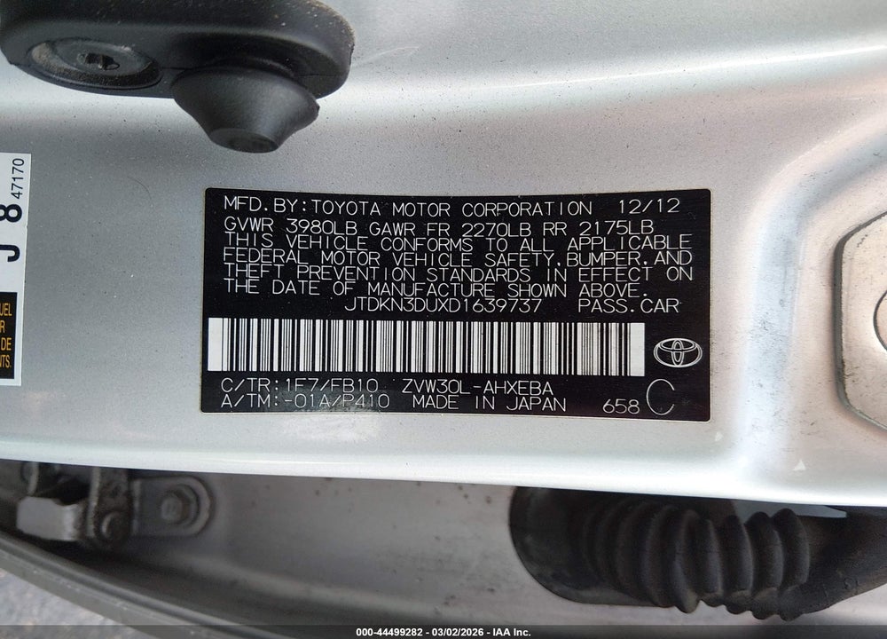 2013 TOYOTA PRIUS TWO VIN: JTDKN3DUXD1639737