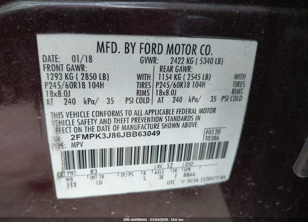2018 FORD EDGE SEL VIN: 2FMPK3J86JBB63049