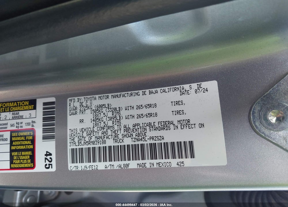 2024 TOYOTA TACOMA TRD SPORT VIN: 3TMLB5JN5RM039188