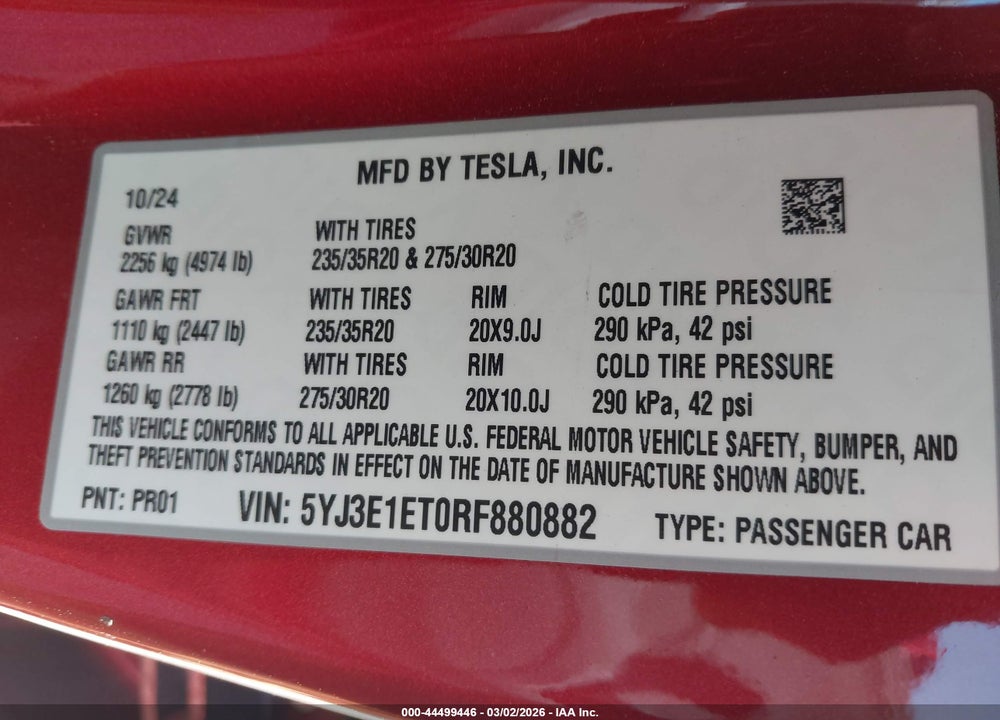 2024 TESLA MODEL 3 PERFORMANCE ALL-WHEEL DRIVE VIN: 5YJ3E1ET0RF880882