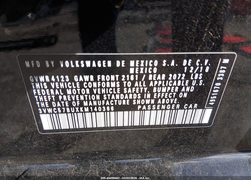 2019 VOLKSWAGEN JETTA 1.4T R-LINE/1.4T S/1.4T SE VIN: 3VWC57BUXKM140366