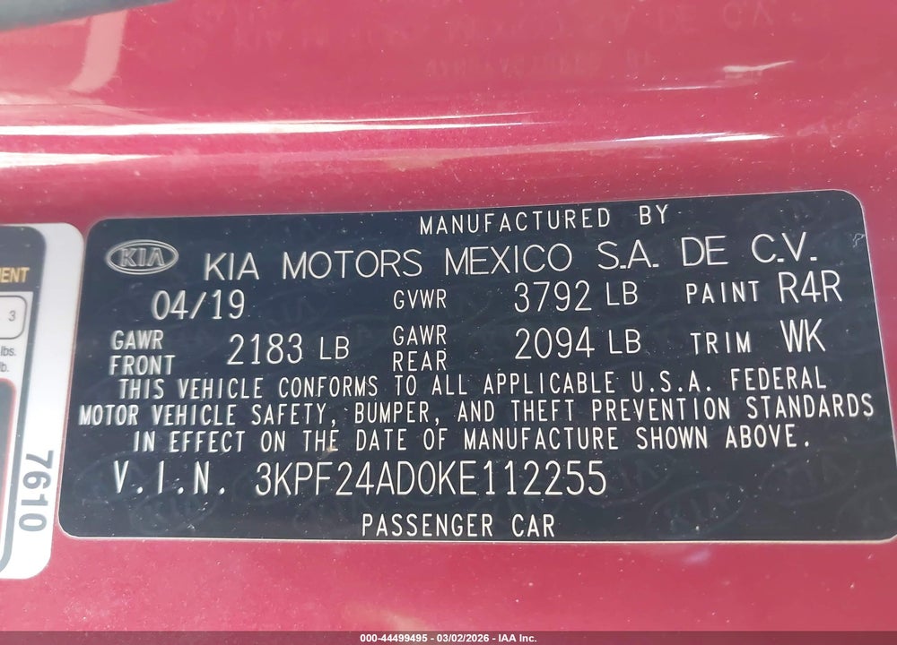 2019 KIA FORTE LXS VIN: 3KPF24AD0KE112255