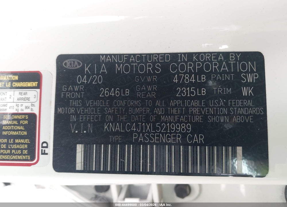 2020 KIA CADENZA TECHNOLOGY VIN: KNALC4J1XL5219989