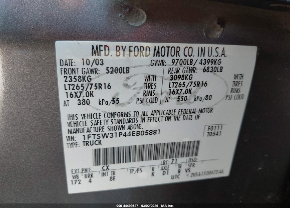 2004 FORD F-350 LARIAT/XL/XLT VIN: 1FTSW31P44EB05881