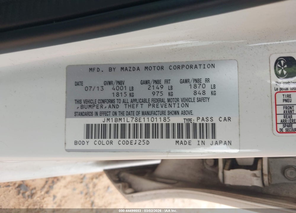 2014 MAZDA 3 I TOURING VIN: JM1BM1L78E1101185