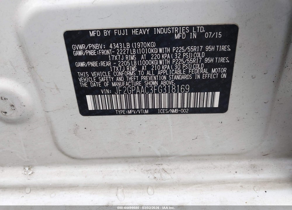 2015 SUBARU XV CROSSTREK 2.0I VIN: JF2GPAAC3FG318169