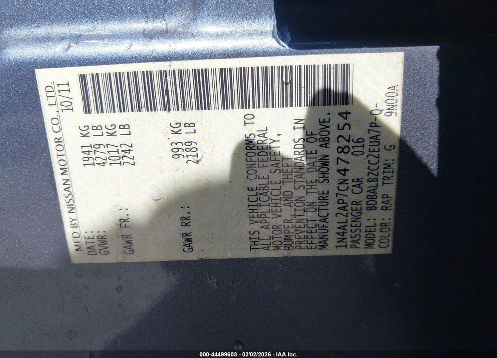2012 NISSAN ALTIMA 2.5 S VIN: 1N4AL2AP7CN478254