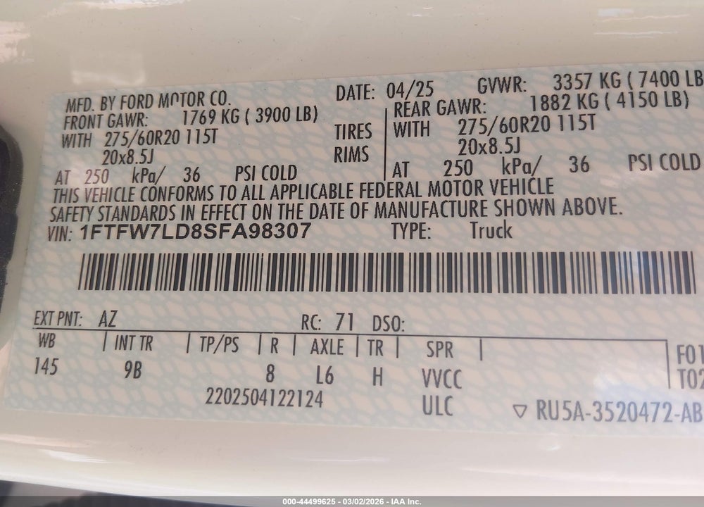 2025 FORD F-150 PLATINUM VIN: 1FTFW7LD8SFA98307
