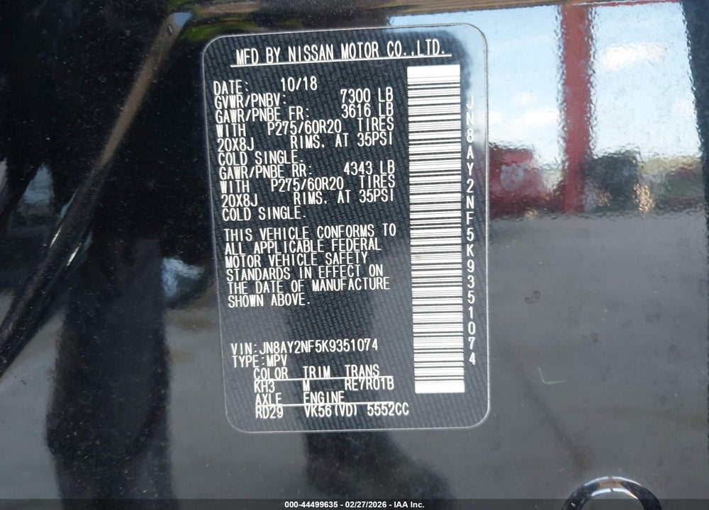 2019 NISSAN ARMADA PLATINUM VIN: JN8AY2NF5K9351074