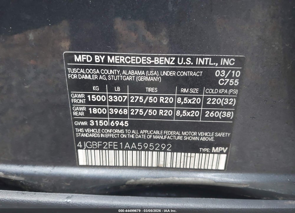 2010 MERCEDES-BENZ GL 350 BLUETEC 4MATIC VIN: 4JGBF2FE1AA595292