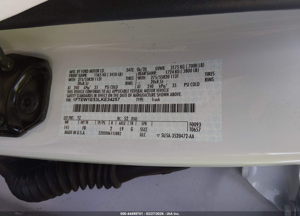 2020 FORD F-150 XLT VIN: 1FTEW1E53LKE34257