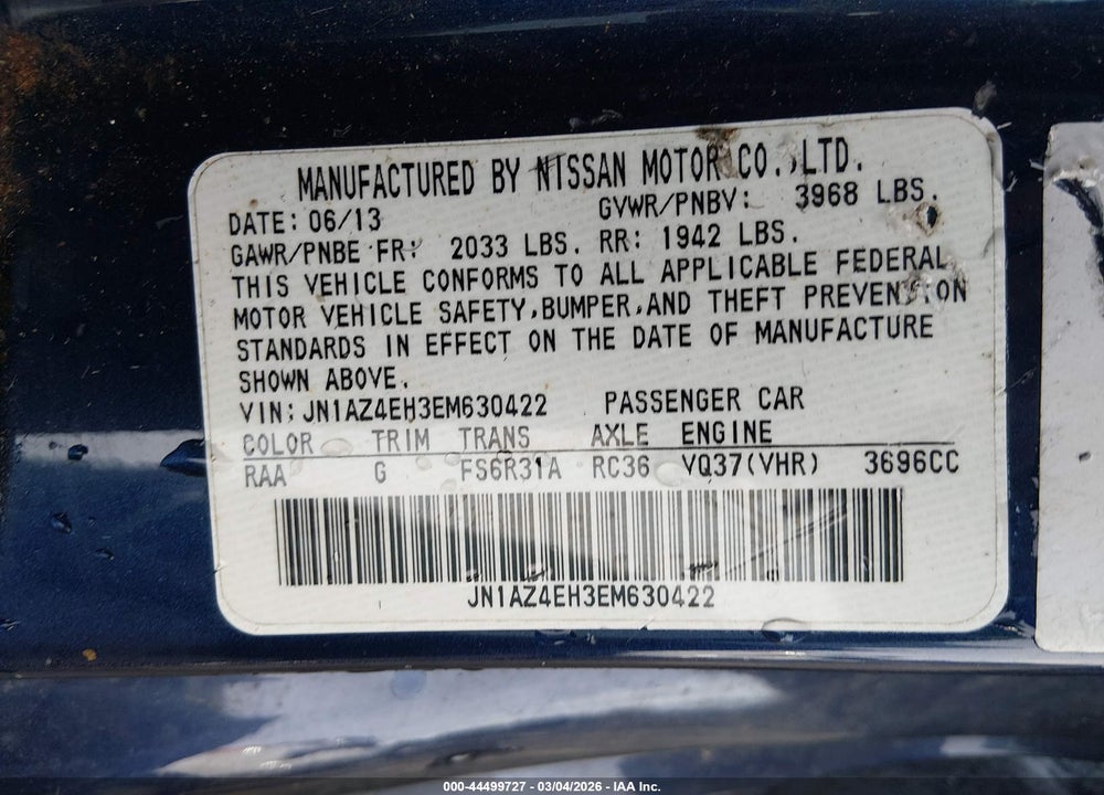 2014 NISSAN 370Z VIN: JN1AZ4EH3EM630422