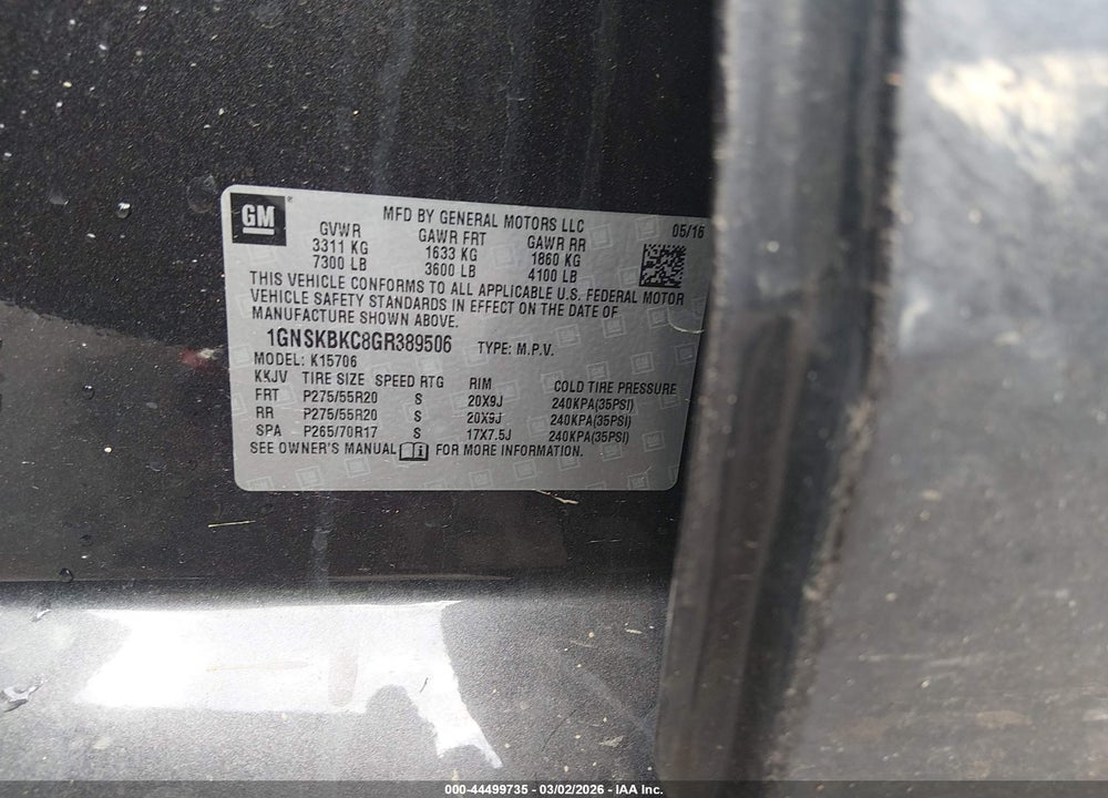 2016 CHEVROLET TAHOE LT VIN: 1GNSKBKC8GR389506
