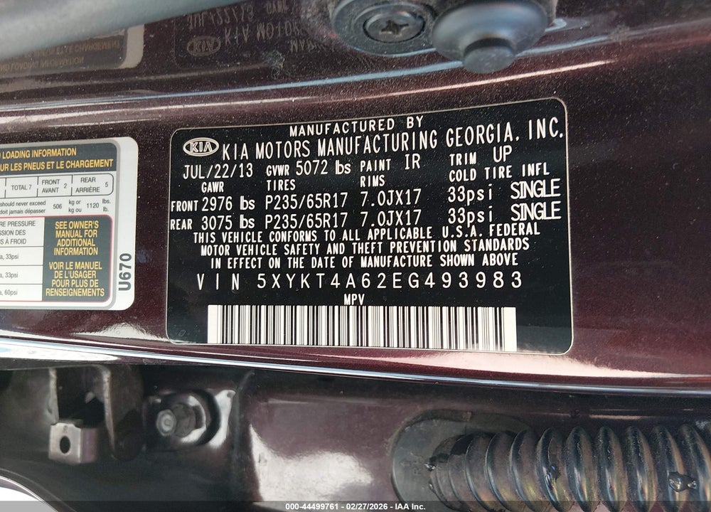 2014 KIA SORENTO LX VIN: 5XYKT4A62EG493983