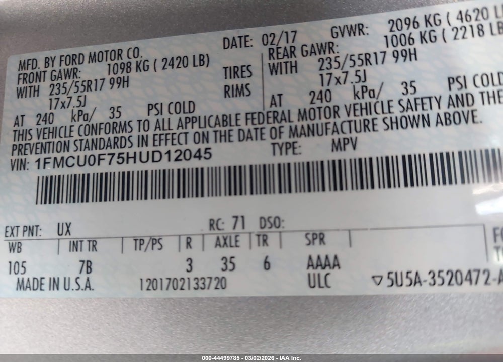 2017 FORD ESCAPE S VIN: 1FMCU0F75HUD12045