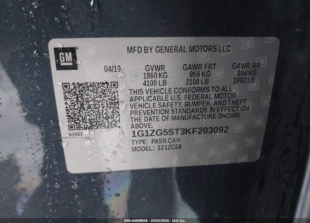 2019 CHEVROLET MALIBU RS VIN: 1G1ZG5ST3KF203092