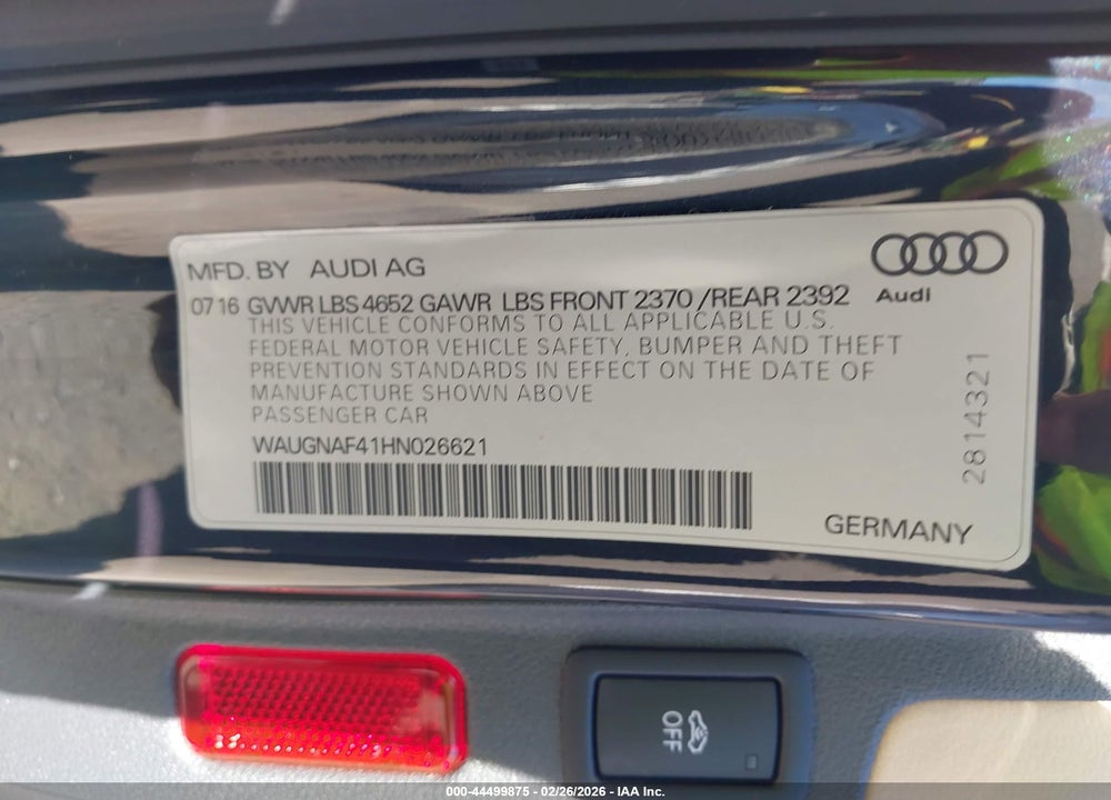 2017 AUDI A4 2.0T PREMIUM VIN: WAUGNAF41HN026621