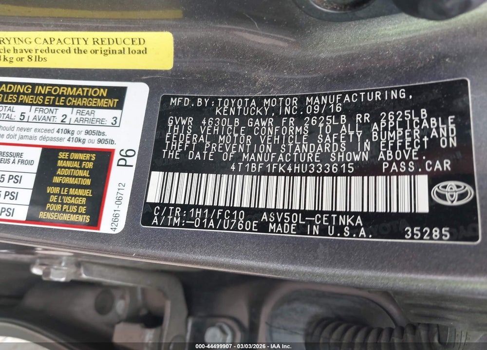 2017 TOYOTA CAMRY LE VIN: 4T1BF1FK4HU333615