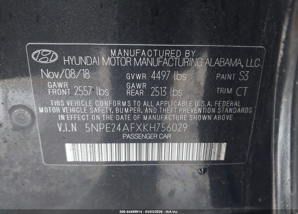 2019 HYUNDAI SONATA SE VIN: 5NPE24AFXKH756029