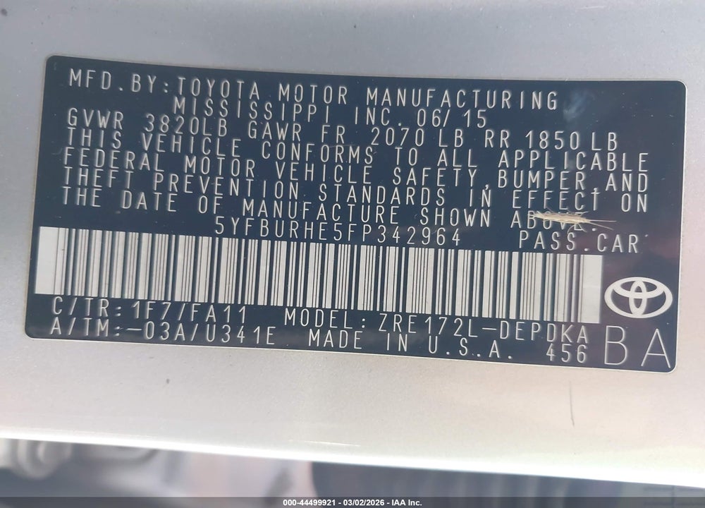 2015 TOYOTA COROLLA L VIN: 5YFBURHE5FP342964