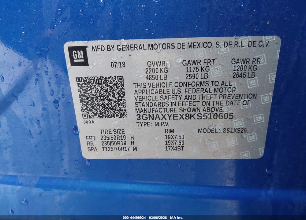 2019 CHEVROLET EQUINOX PREMIER VIN: 3GNAXYEX8KS510605
