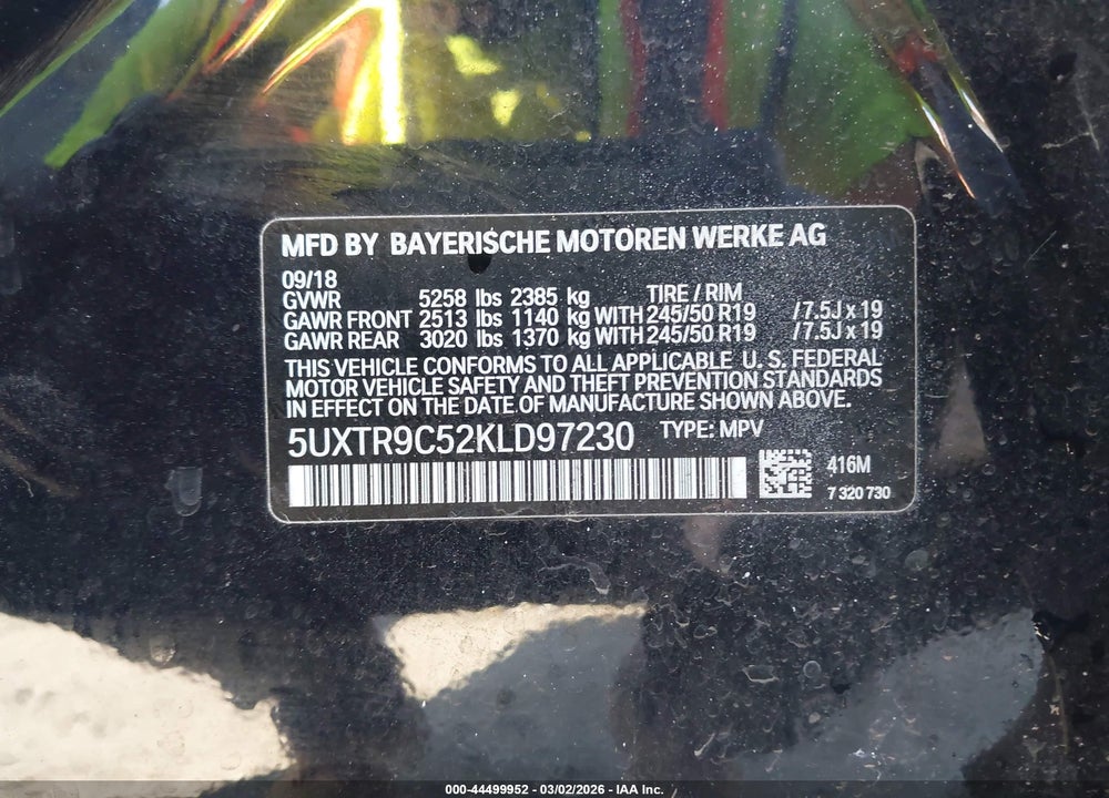 2019 BMW X3 XDRIVE30I VIN: 5UXTR9C52KLD97230