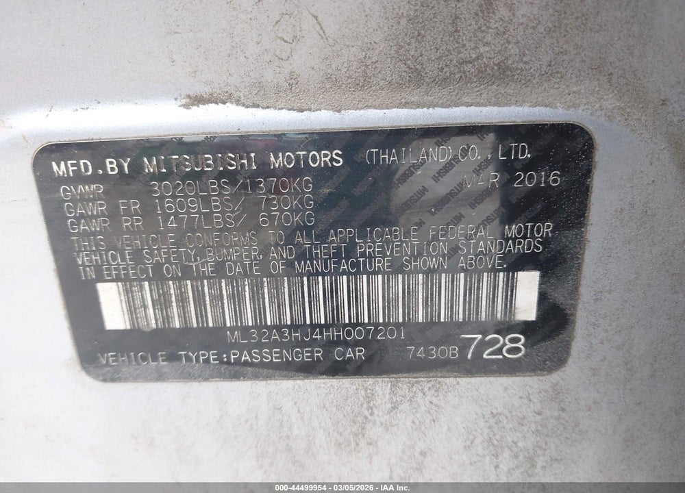 2017 MITSUBISHI MIRAGE ES VIN: ML32A3HJ4HH007201