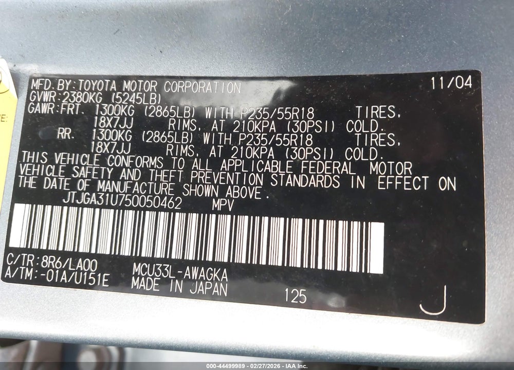 2005 LEXUS RX 330 VIN: JTJGA31U750050462