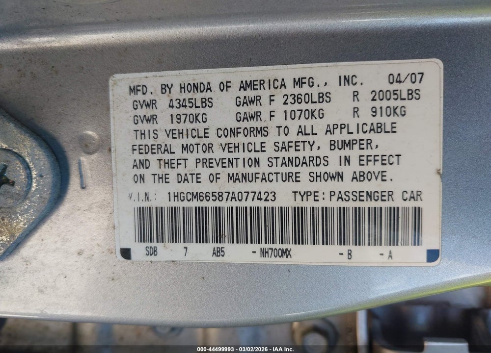 2007 HONDA ACCORD SDN EX-L VIN: 1HGCM66587A077423