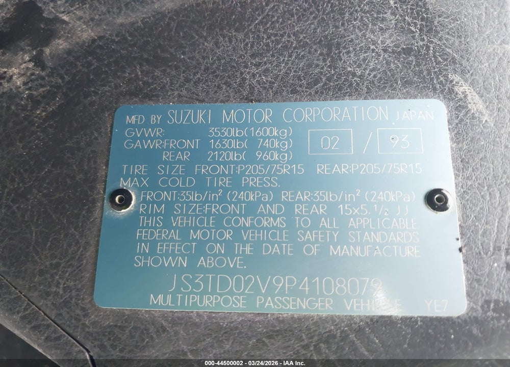 1993 SUZUKI SIDEKICK JX/JLX VIN: JS3TD02V9P4108079