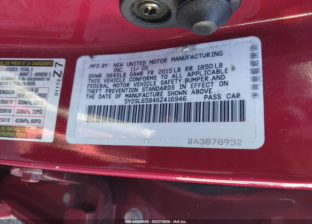 2006 PONTIAC VIBE VIN: 5Y2SL65846Z416946