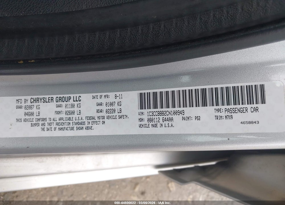 2012 CHRYSLER 200 TOURING VIN: 1C3CCBBB2CN100949